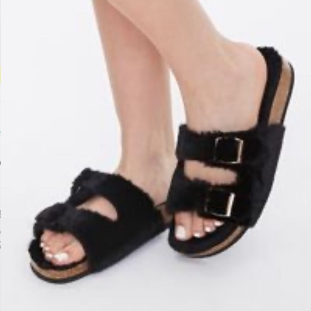 WILD DIVA LOUNGE Faux Fur Double Buckle Sandal